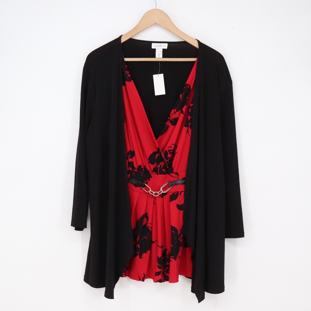 Jaclyn Smith 2-fer Top Womens XXL Red Black Floral Cardigan Chain Hardware NWT